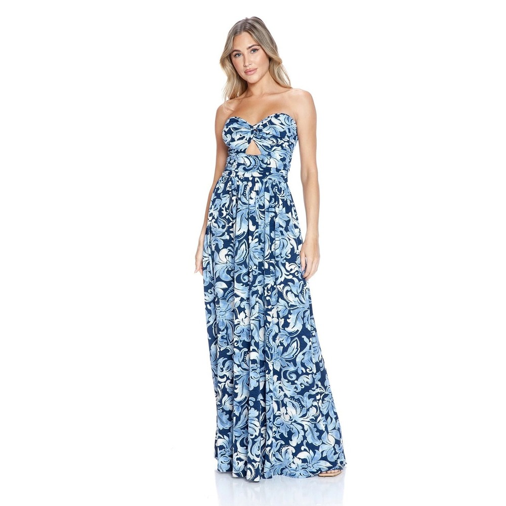 Ariella Blue Floral Paisley Strapless Twist Front Cutout Maxi Dress M Resortwear